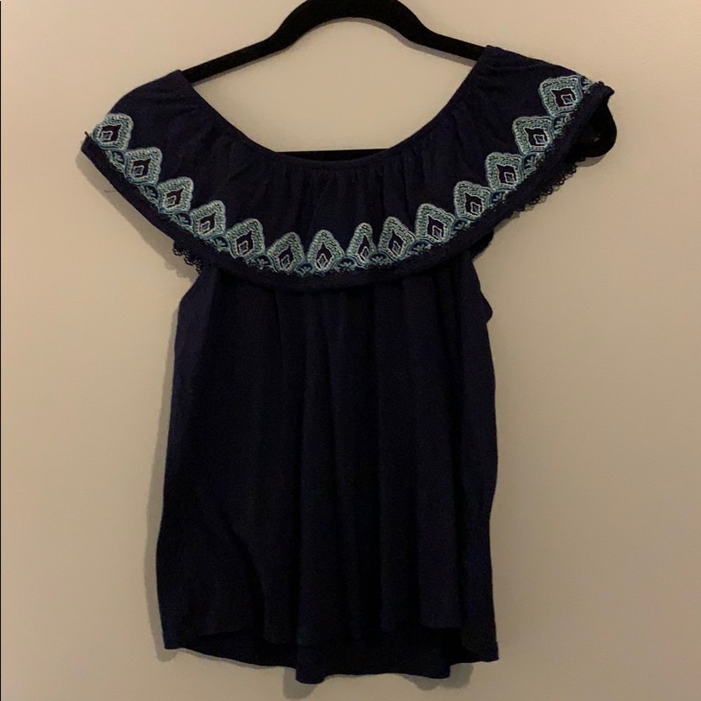 blue off the shoulder shirt